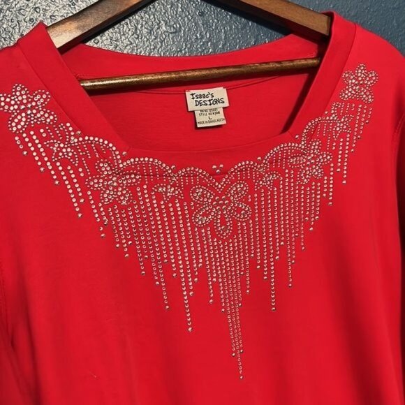 Red 3/4 Sleeve Embellished Rhinestone Top L - Picture 2 of 5